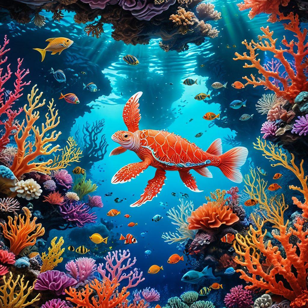 A surreal and colorful underwater scene featuring whimsical and stylish sea creatures, each adorned with elements inspired by hentai art, showcasing their cultural significance. Include a captivating coral reef backdrop decorated with playful and intricate patterns. The scene should exude a sense of exploration and intrigue, appealing to the reader's curiosity. vibrant colors. surrealistic. fantasy style.