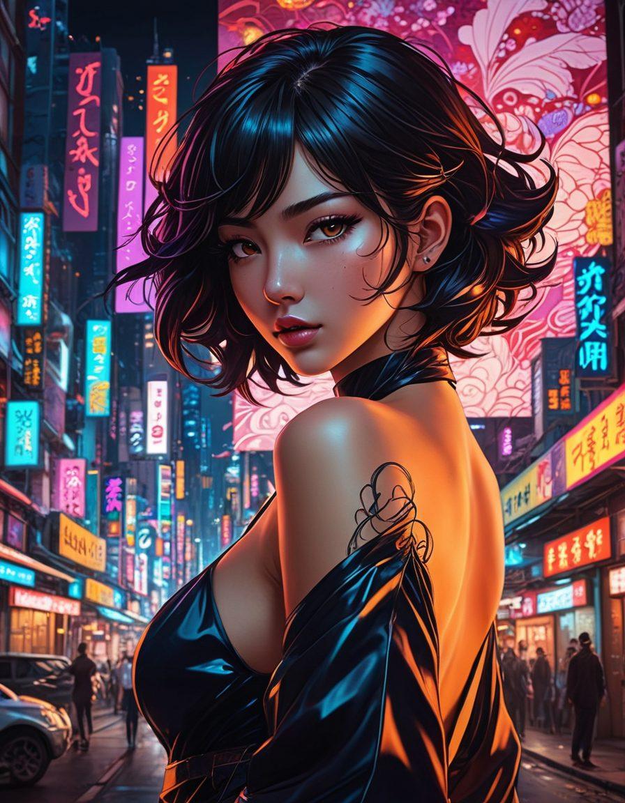 An artistic representation of a dynamic scene combining seductive elements of manga and anime, featuring a colorful, stylized character in an alluring pose, surrounded by pages of erotic manga flying around. The background should subtly blend a mix of urban and fantasy themes, incorporating vibrant colors and delicate line work that captures the essence of both forms. A hint of neon lights can enhance the mood, inviting intrigue. vibrant colors. cyberpunk style.